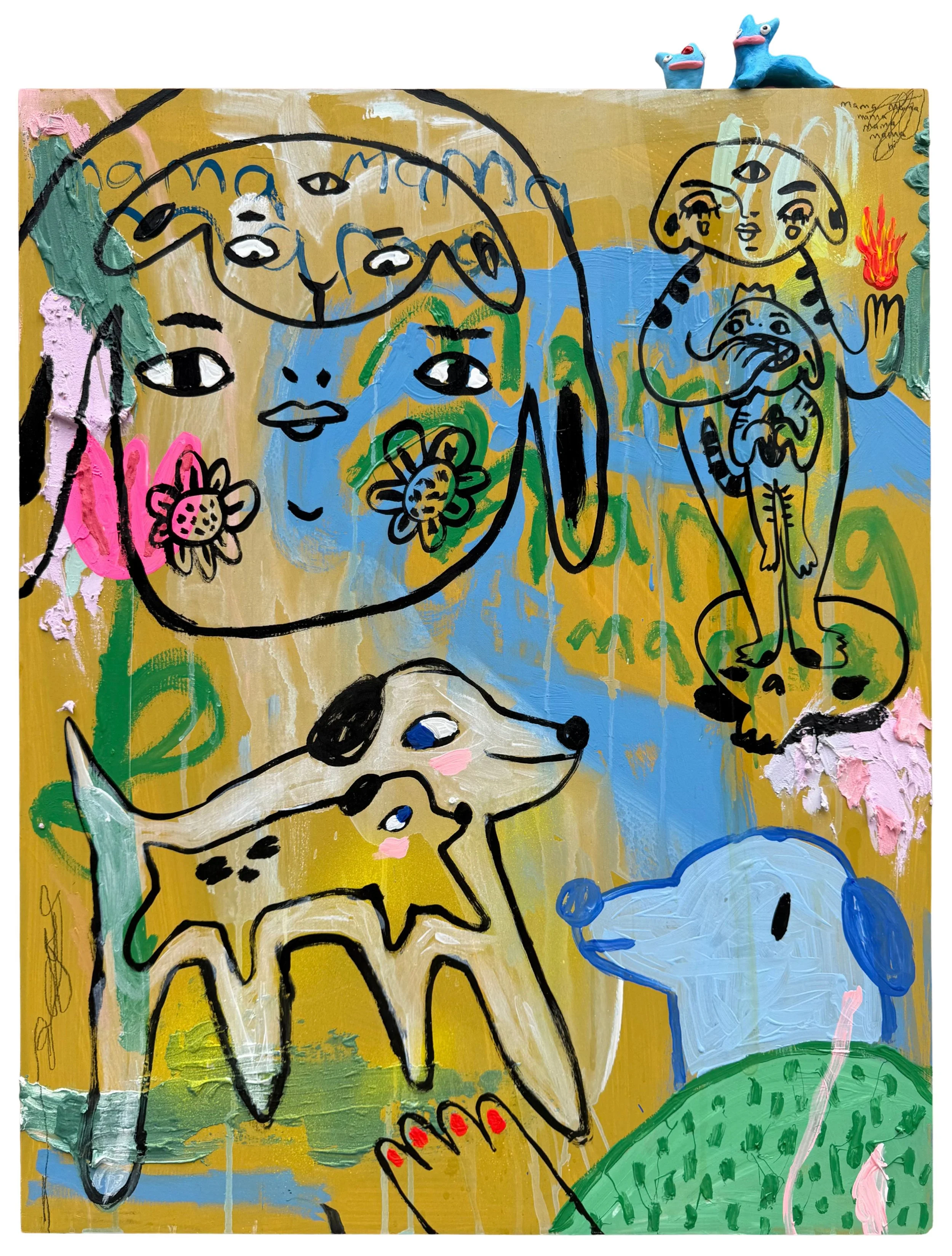 Mama Why is Fire Hot | Acrylic, Clay and Joint Compound on Wood | 24 x 30 inches | 2026