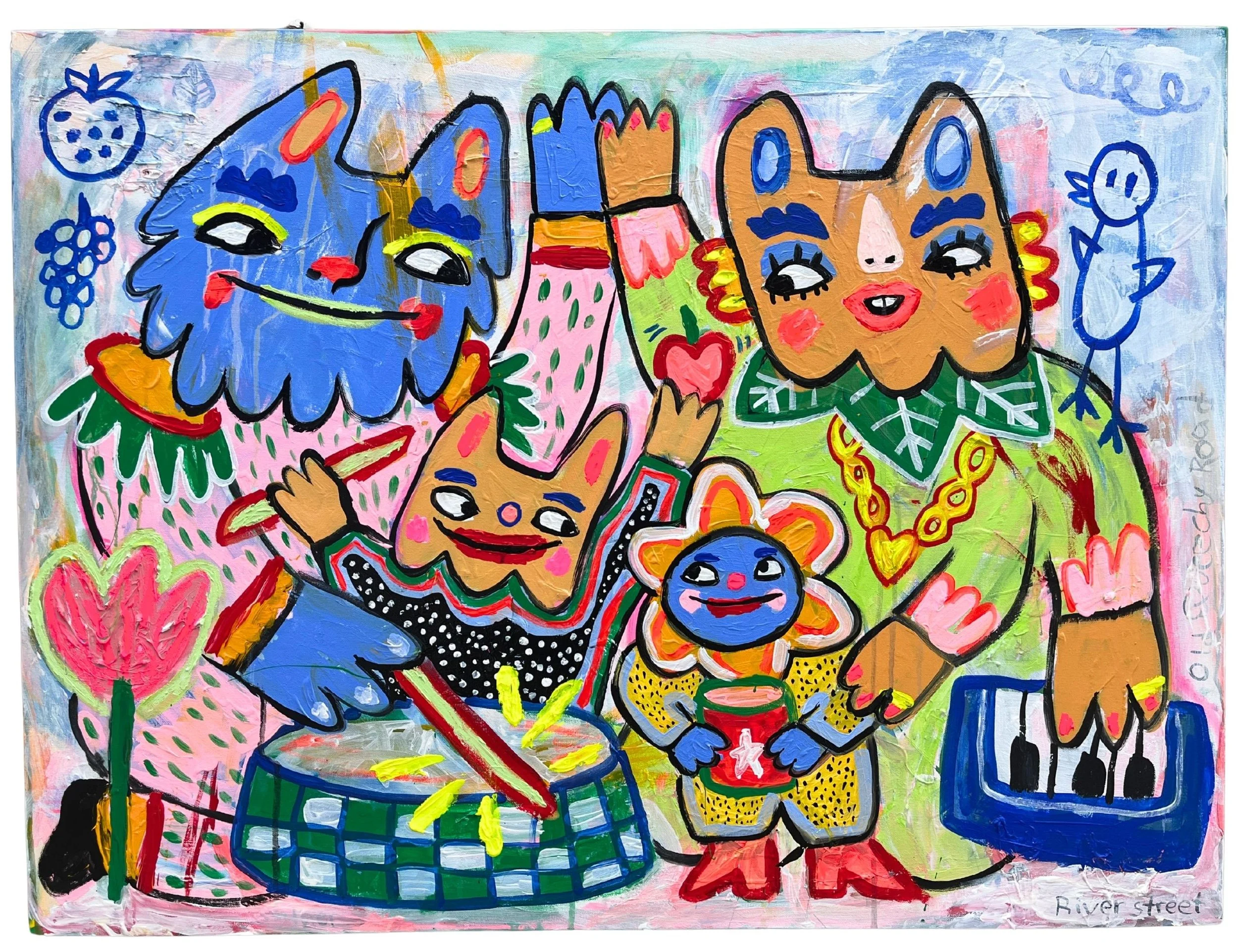 Slow Music, or, The Band is Now Complete!, or Portrait of Zack, Nandi, River, and Shea | Acrylic on Canvas | 37 x 30 Inches | 2026