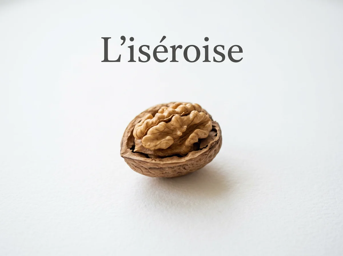 Noix franquette avec inscrit la marque L'Iséroise au dessus, sur fond blanc