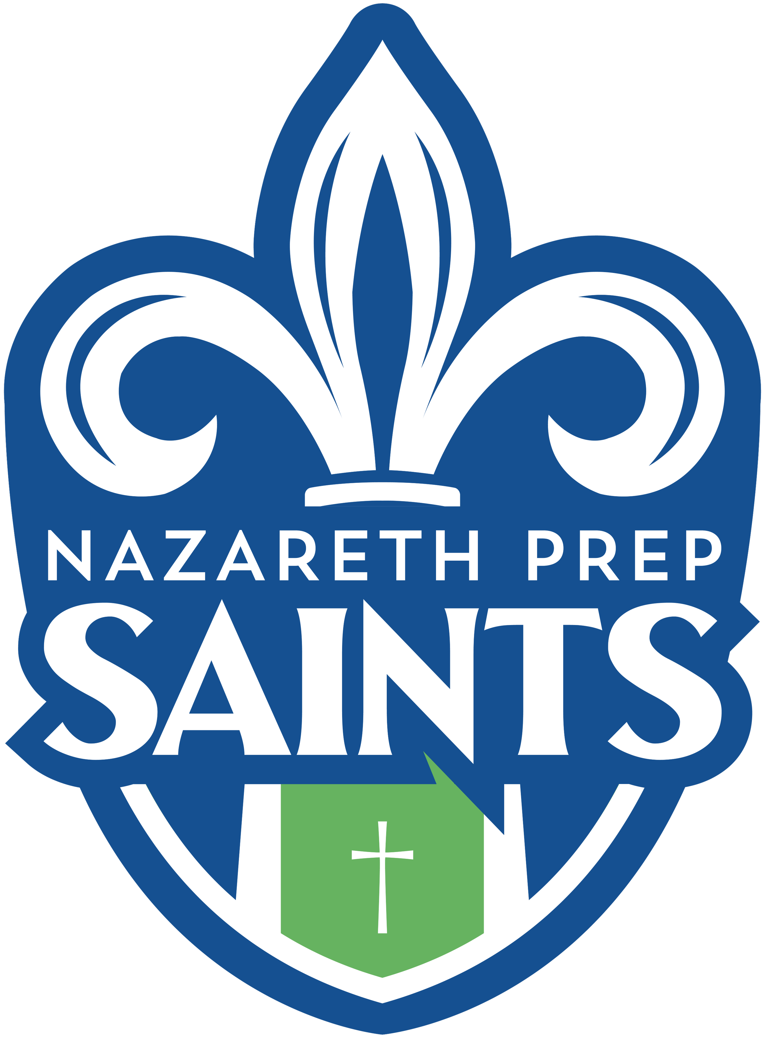 Logo for Nazareth Prep Saints featuring a blue fleur-de-lis, the school name, and a green shield with a white cross.