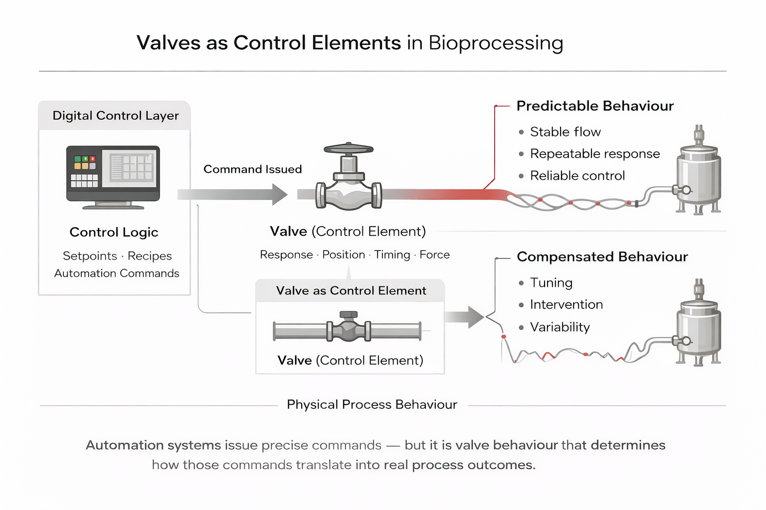 Diagram showing valves as control elements in bioprocessing automation, illustrating how digital control commands translate into predictable or variable process behaviour.