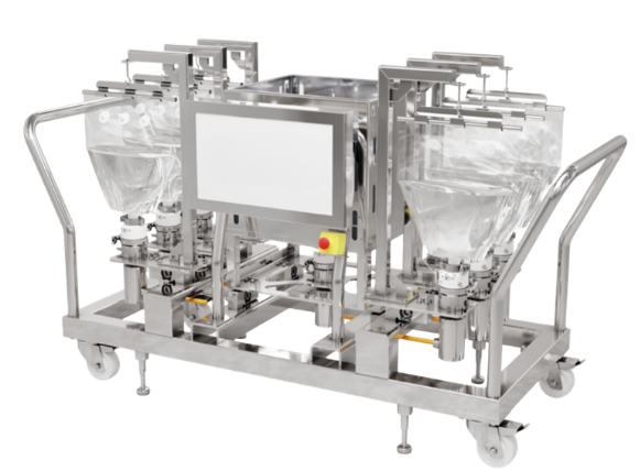 A piece of industrial machinery used for packaging or processing, with two large hoppers, a central control panel, and a conveyor system.