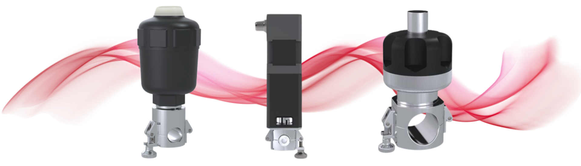 Three pinch valves, with black and gray bodies, mounted on metal clamps, with a red swirl graphic in the background.