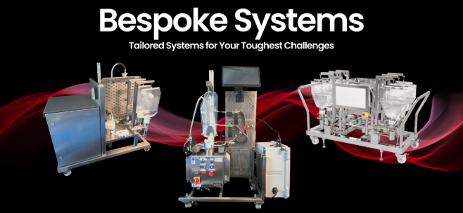 Display of three different bioprocessing systems on a black background with red accents, labeled 'Bespoke Systems' and 'Tailored Systems for Your Toughest Challenges'.