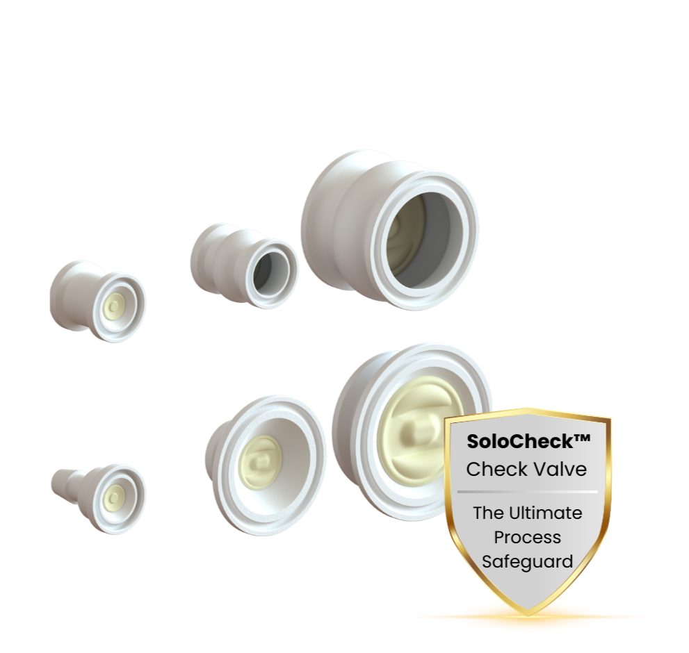 Array of white check valves of different sizes, with a shield-shaped logo in the bottom right corner displaying the text 'SoloCheck™ Check Valve The Ultimate Process Safeguard'.