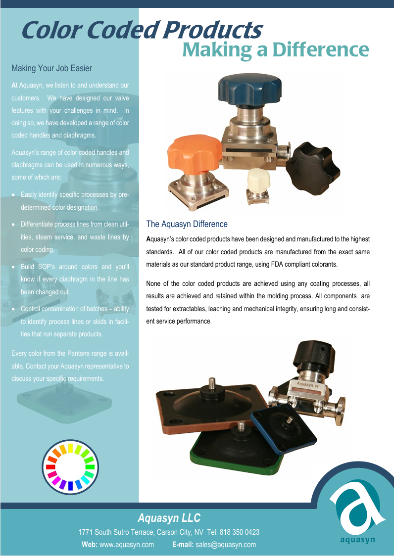A flyer for Aquasyn LLC promoting color-coded valve handles and diaphragms to aid in process identification and contamination control, featuring images of valve handles in orange, black, blue, and cream colors.