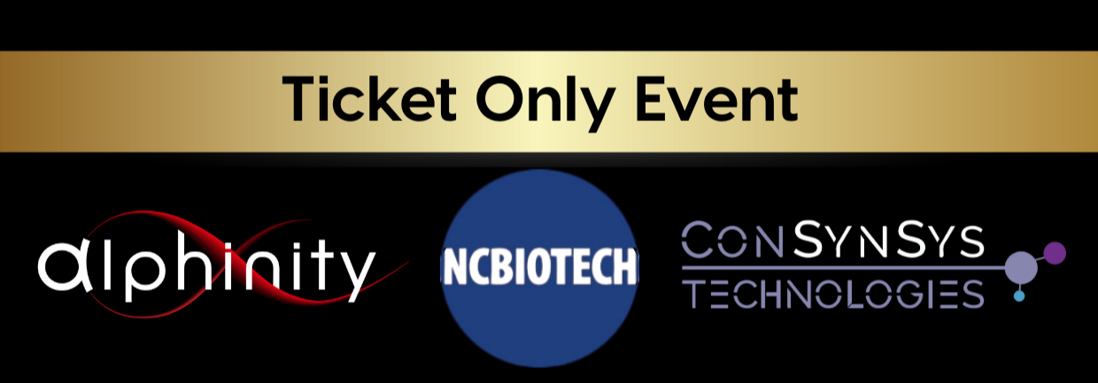 A banner with a gold top section reading 'Ticket Only Event' and three logos below for Alphinity, NCBIOTECH, and ConSynSys Technologies.