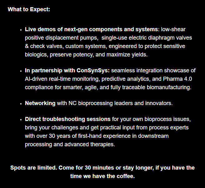 Text outlining what to expect: live demos of next-gen components, partnership with ConSynSys for AI-driven monitoring and analytics, networking with bioprocess leaders, and troubleshooting sessions. Encourages attendees to stay longer if they have time for coffee.