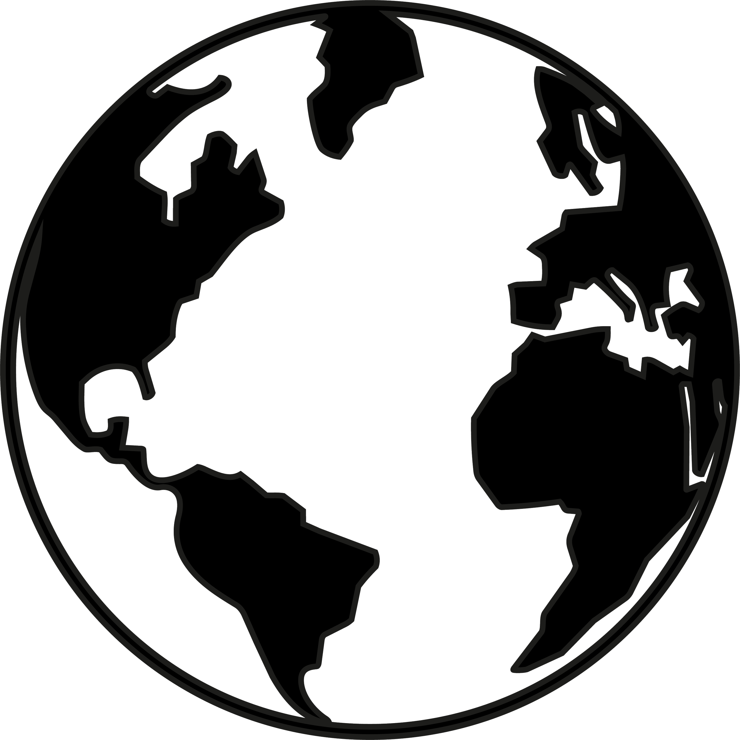 A stylized black outline of the Earth showing continents in white.