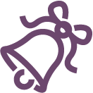 A purple outline of a wedding bell with a ribbon and bow.