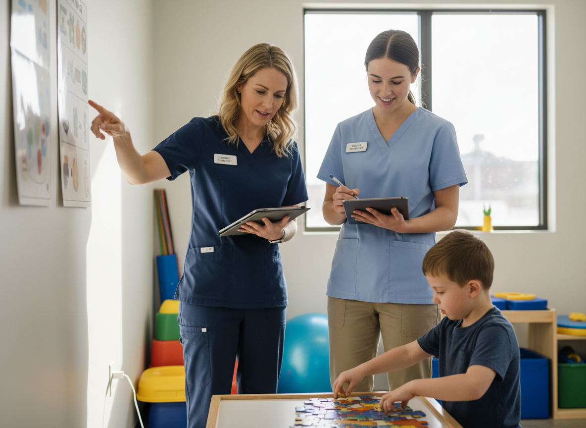Occupational therapist mentoring a student during a supervised therapy session focused on skill development.