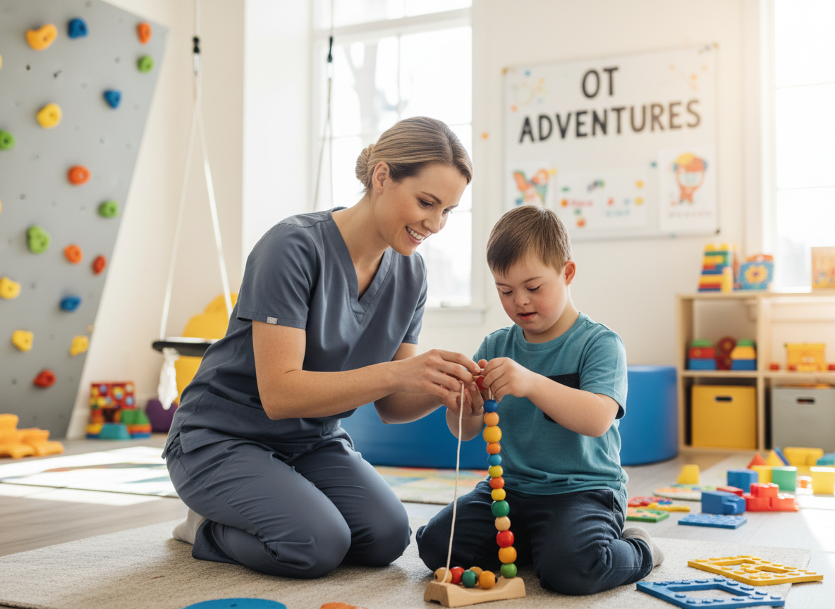 Occupational therapist providing pediatric care while modeling clinical practice for student learning.