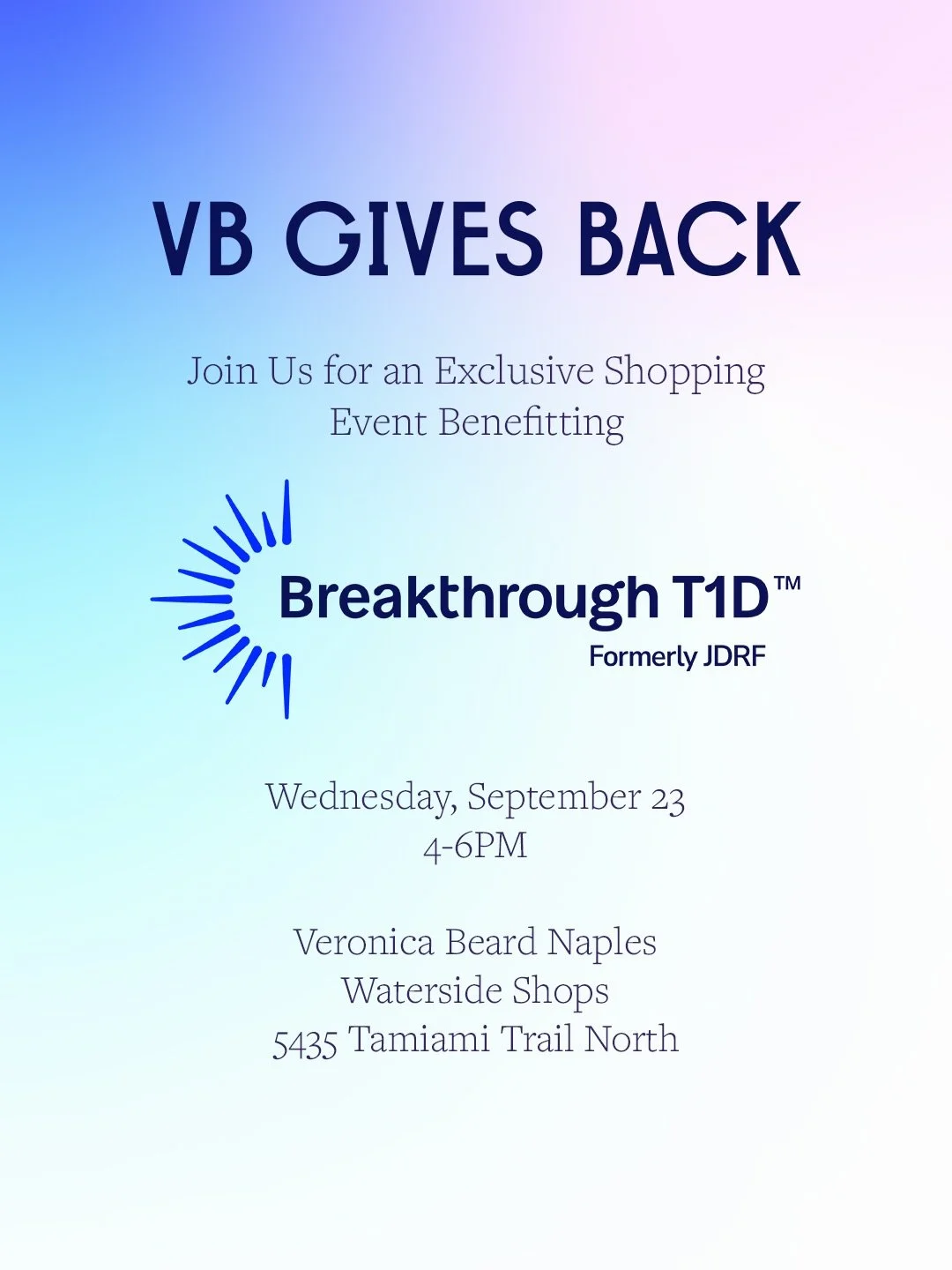 Sister Seeker&rsquo;s Founder @juliareisman and Board Member of @bt1dsouthgulfcoastfl invites you to an evening of sips, shopping, and giving back! 

Let&rsquo;s make waves at Veronica Beard Naples in support of Breakthrough T1D and its mission to ac