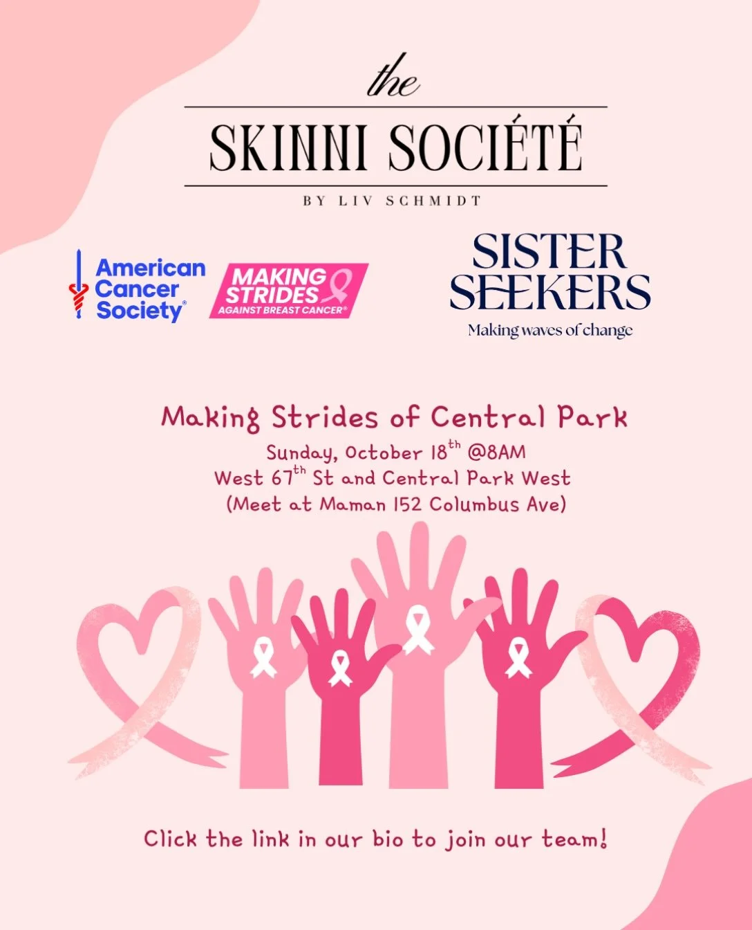 TSS X SS X ACS MAKING STRIDES! 🌊💝🌊

This October, The Skinni Soci&eacute;t&eacute; &amp; Sister Seekers are coming together for something so much bigger than us and raising awareness for a very important cause. 

Join us Sunday, October 18th at 8A