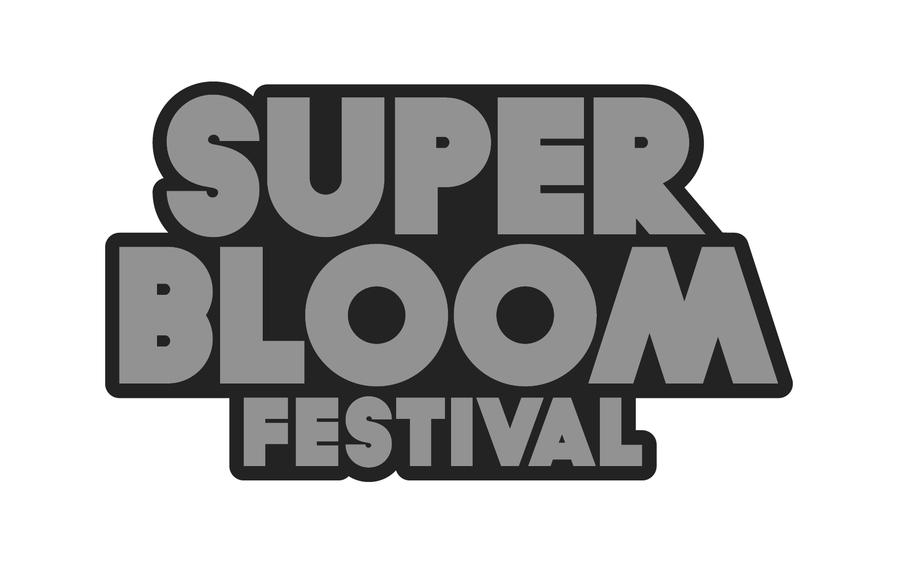 Logo des Super Bloom Festivals in Graustufen mit großem, stilisiertem Text 'SUPER BLOOM FESTIVAL'