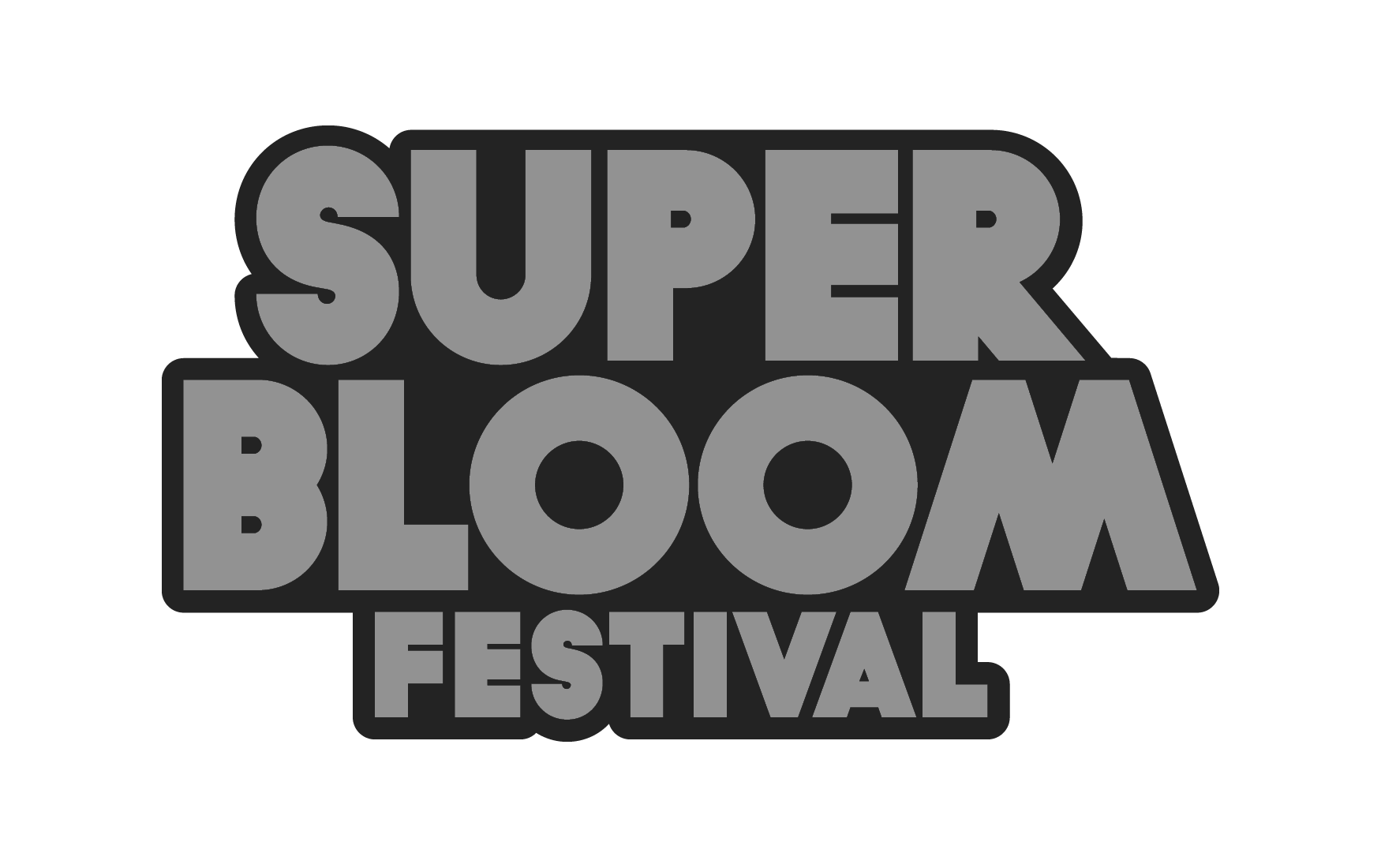 Logo des Super Bloom Festivals in Graustufen mit großem, stilisiertem Text 'SUPER BLOOM FESTIVAL'