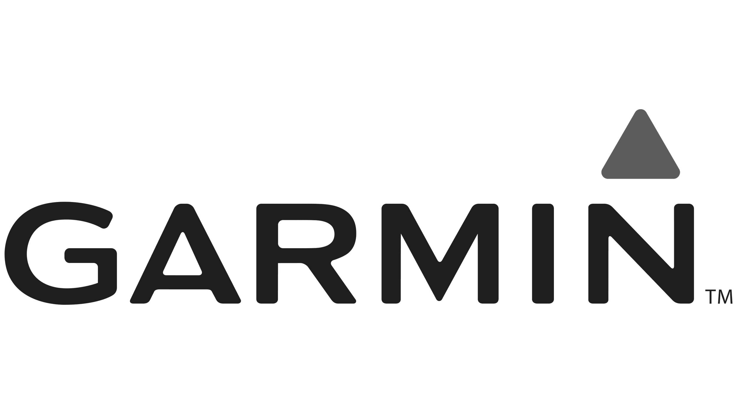 Garmin Firmenlogo, schwarzer Schriftzug mit grau betontem Pfeil über dem Buchstaben 'I'.