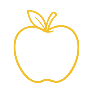 A simple yellow line drawing of an apple with a leaf.