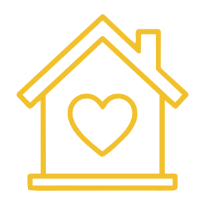 Line drawing of a house with a heart inside, depicted in yellow lines.