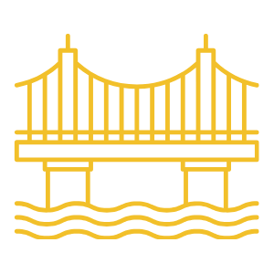 Line drawing of a suspension bridge over water, depicted in yellow lines.