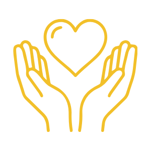 Yellow icon of two hands holding or supporting a heart.