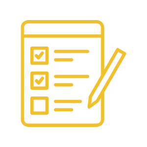 Yellow icon of a checklist with two boxes checked and one unchecked, with a pencil writing on the list.