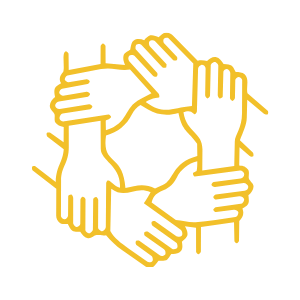 Yellow icon of five hands interlocked in a circle, symbolizing unity and teamwork.