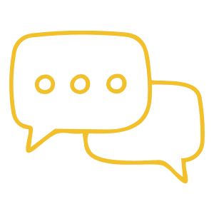 Line drawing of two speech bubbles, one with three dots indicating conversation, depicted in yellow lines.