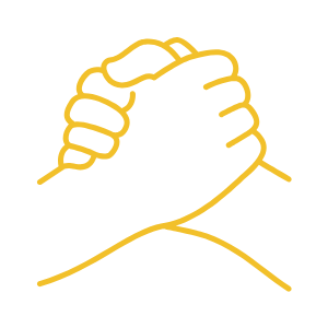 Yellow line drawing of two hands clasped together.