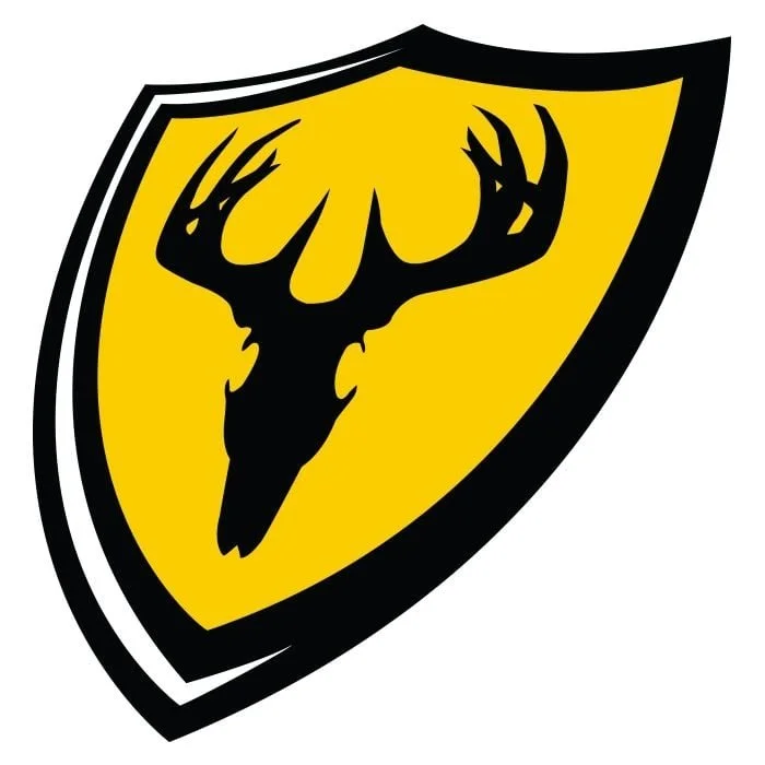 Yellow shield logo with black deer skull silhouette