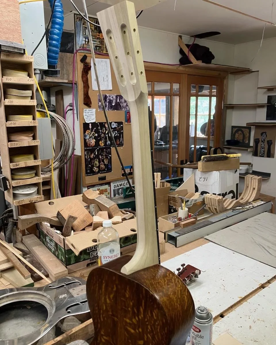 Progress on the guitar Ben Bonham is building for the Stickerville Auction. Based off of a 1920s Stella. Bonhamdesign.com