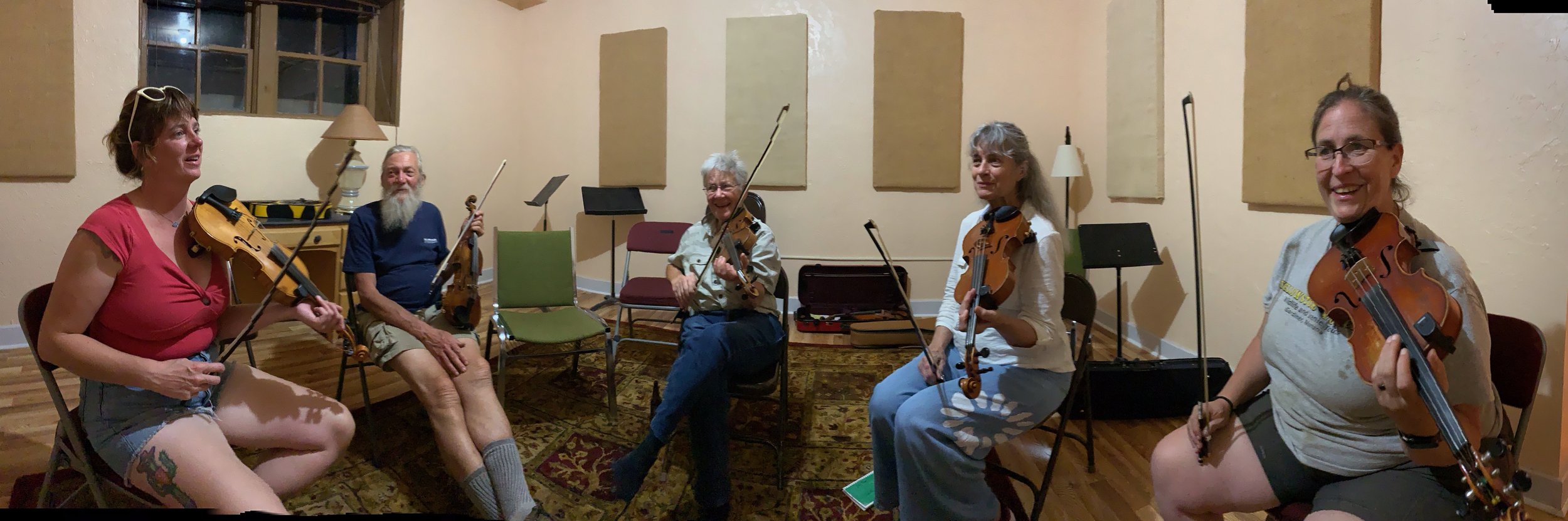 Fiddling - the reason behind everything we're doing. Thank you to the National Oldtime Fiddle Contest for letting us use this jam space in Slocum, which was recently renovated by Connie Allen. We exchanged a lot of fun fiddle tunes during our work we