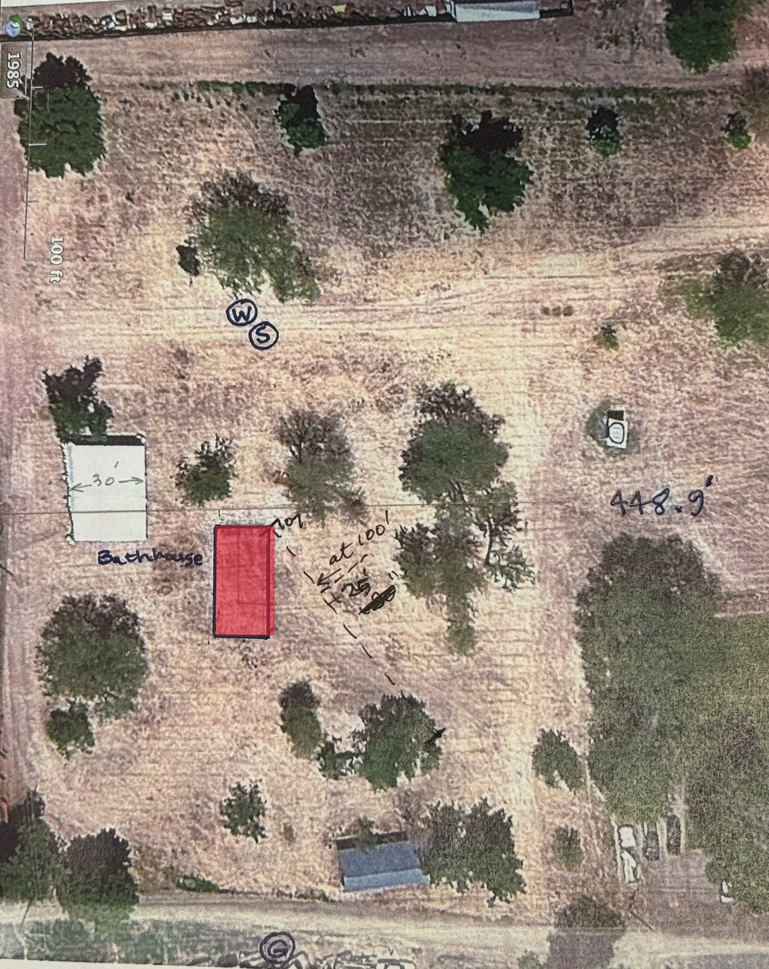 Final location of the Stickerville Bathhouse shown here in red. The location of the event tent is to the left of the bathhouse, shown in white. The office is grey and on the bottom center of the photo. This is closer to the office and ally than the a