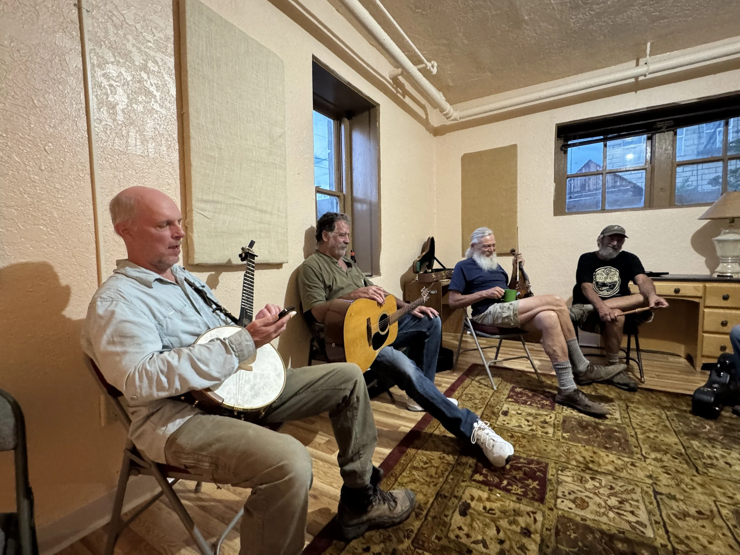 Jamming after a long day working: Keith Walklet (Trench Digger, Photographer), Mike Conner (Plumber), Dave Jensen (Trench Digger) & Steve Jakubowics (Electrical Assistant)