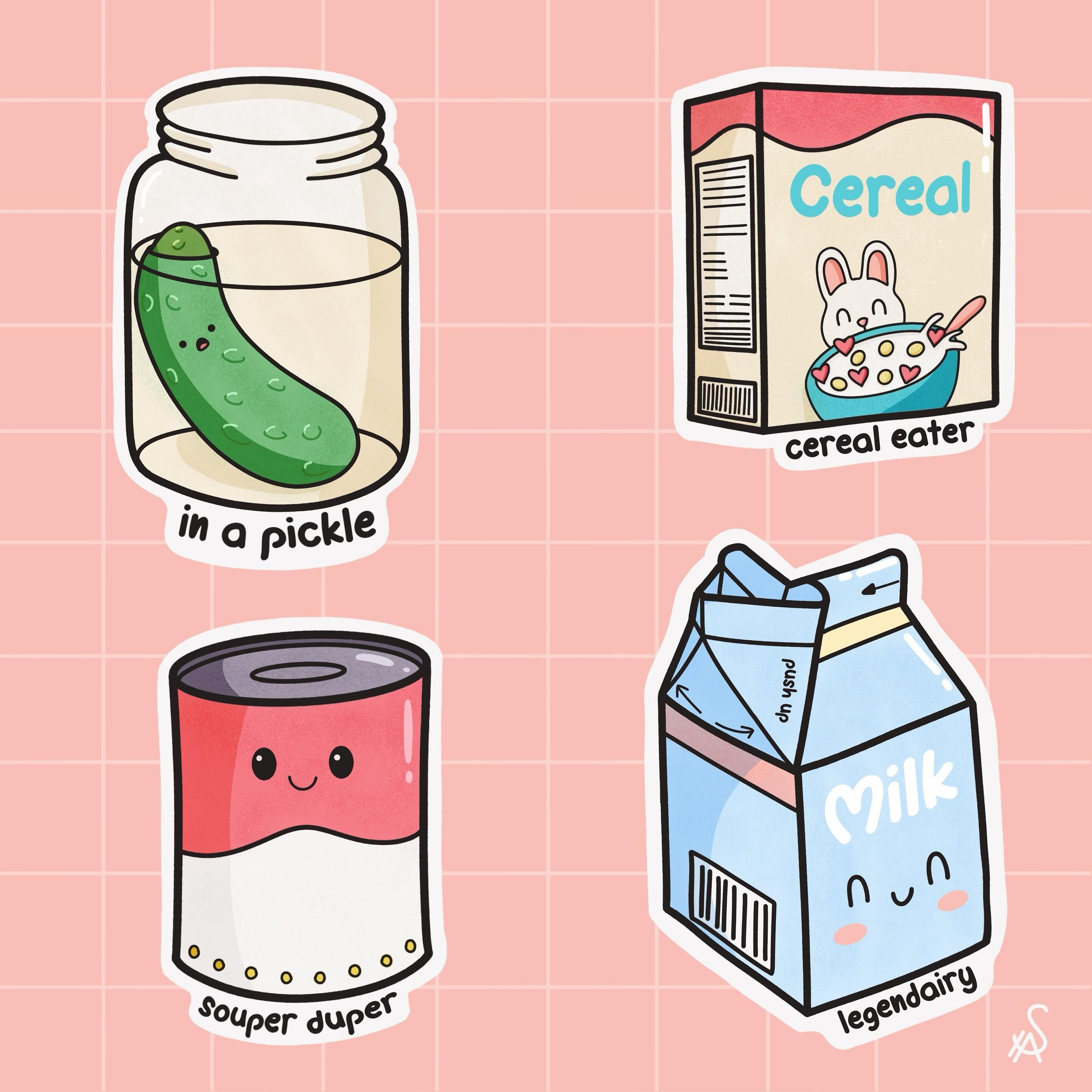 I&rsquo;ve been trying to do more drawing lately and went on a food theme. These are a few of the sticker style designs that I created. The milk one got turned into a 3D printed pin too. #kawaii #kawaiiart #stickerart #foodart