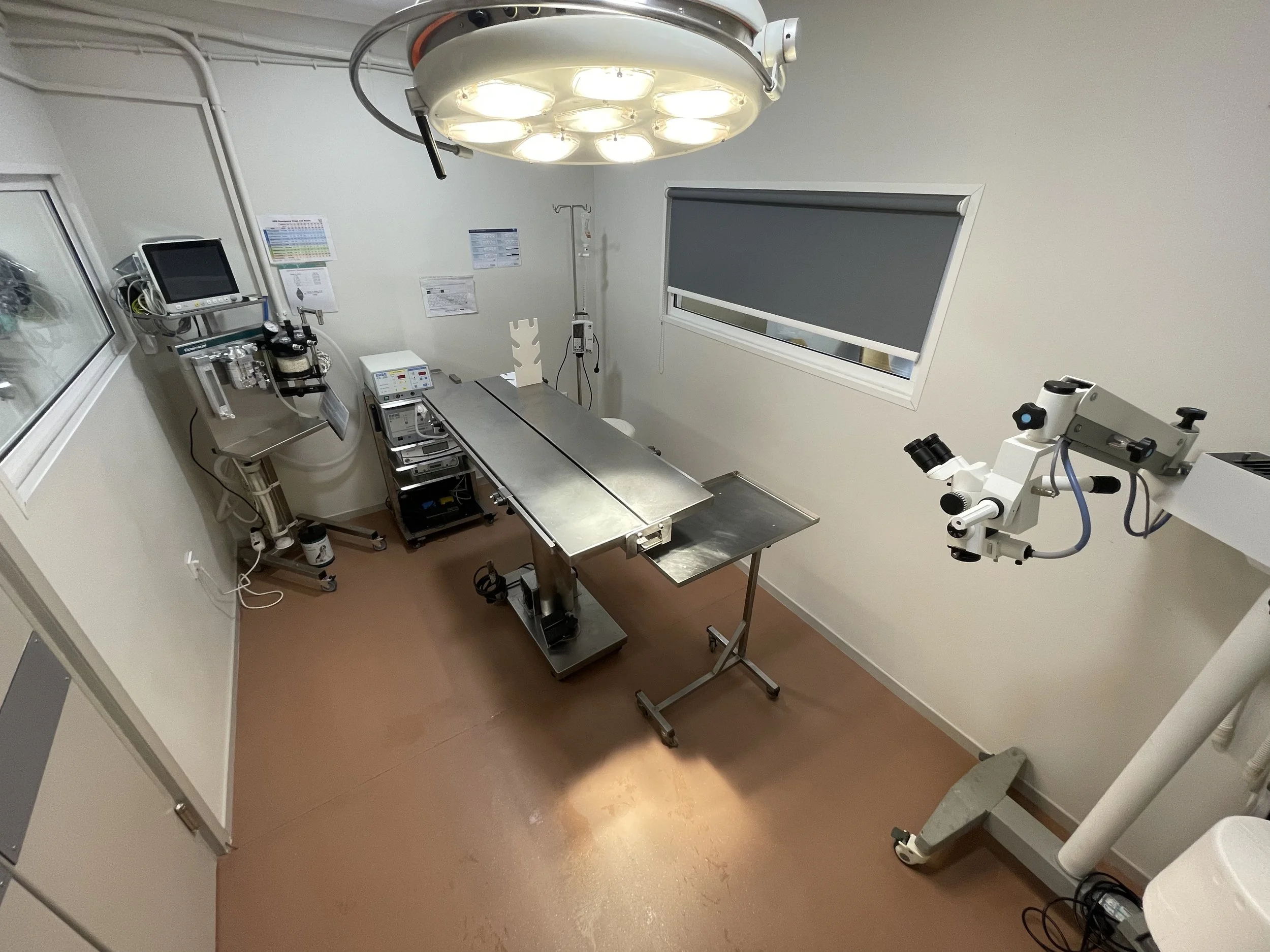 A sterile operating room with a stainless steel surgical table, large surgical light overhead, and various medical equipment and tools. A door opens into an adjacent room with a stool and table.