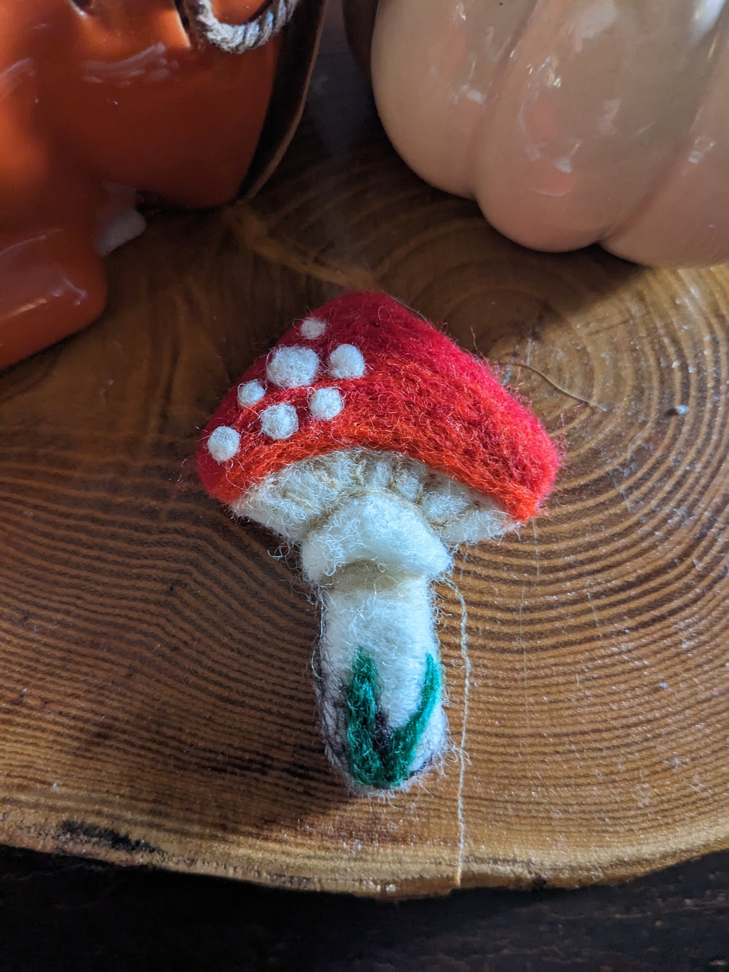 Needle felted red cap mushroom brooch
