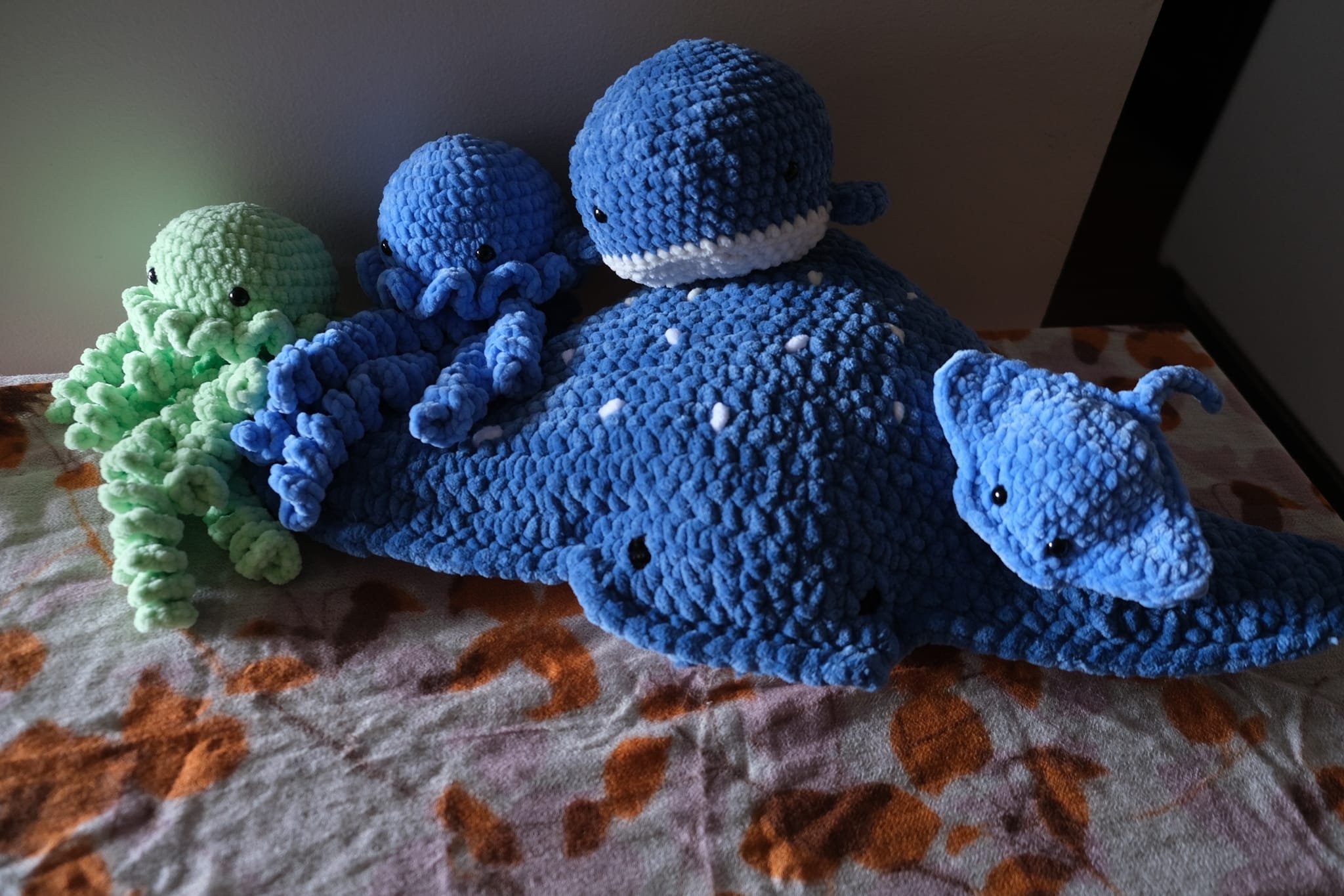 crochet stingray, jellyfish, whale, and smaller stingray