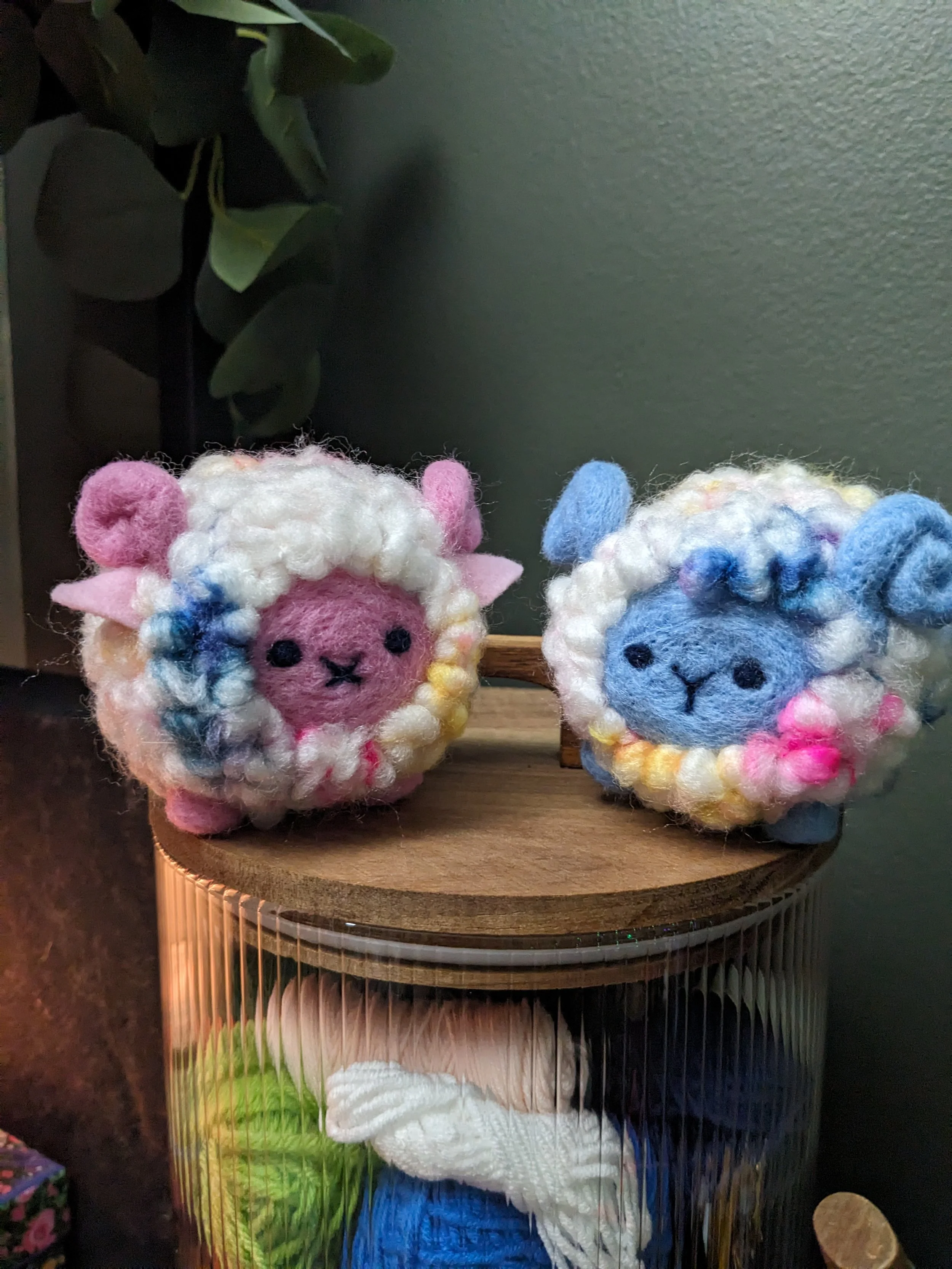 Pink and blue needle felted horned sheep