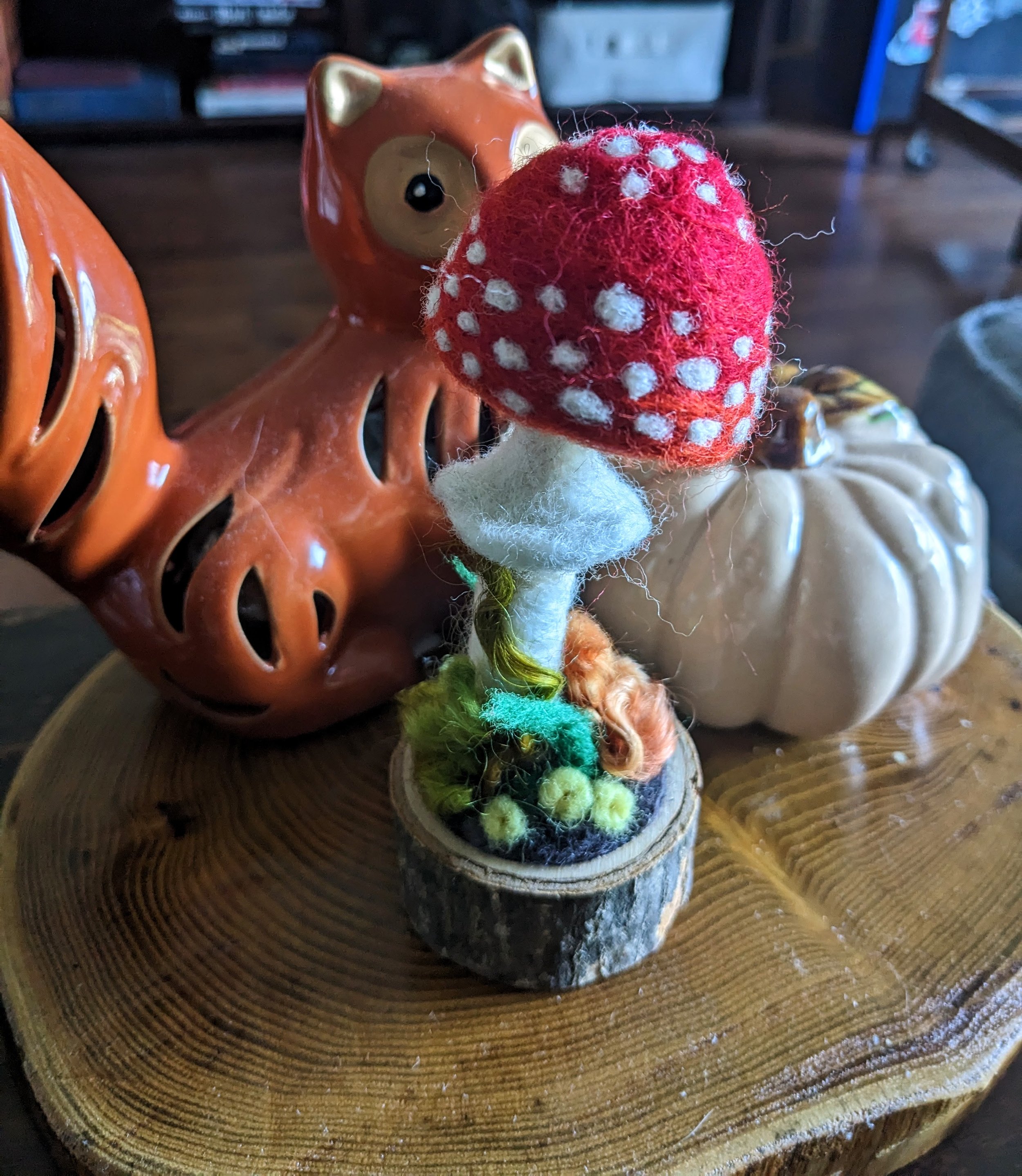 needle felted red-cap mushrooms
