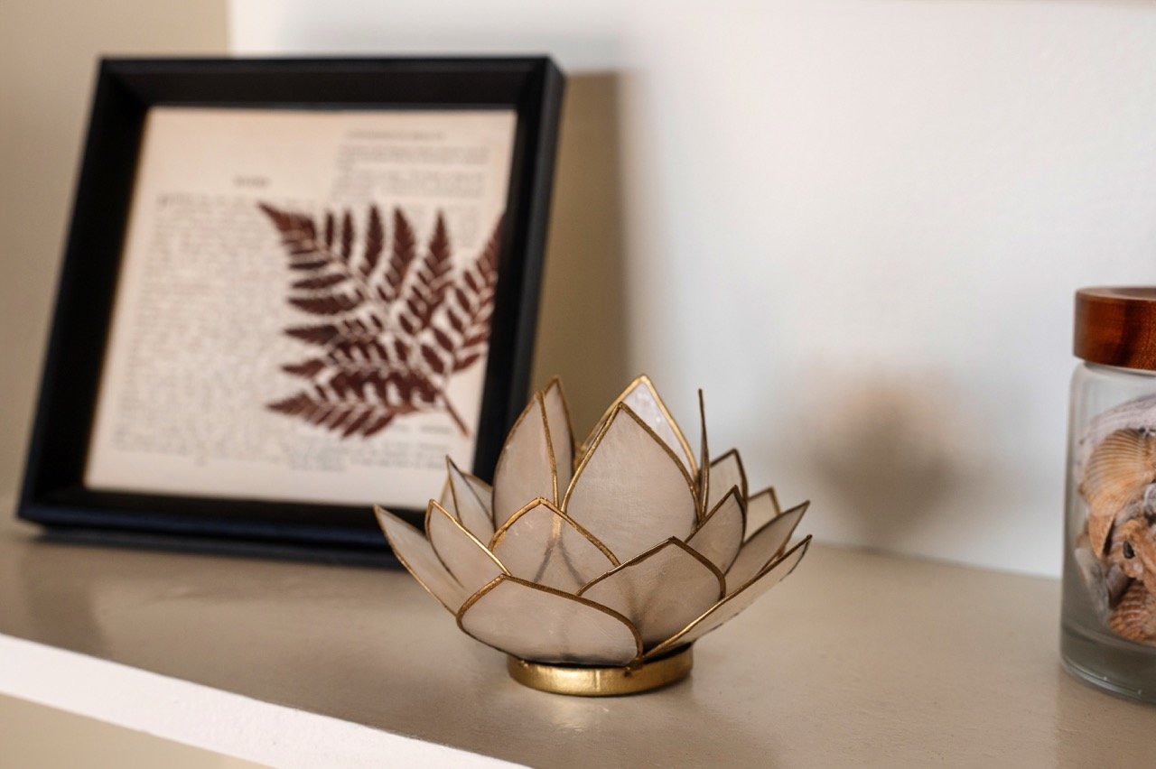 Decorative white lotus-shaped lamp on a shelf with framed leaf artwork and a jar of seashells in the background.