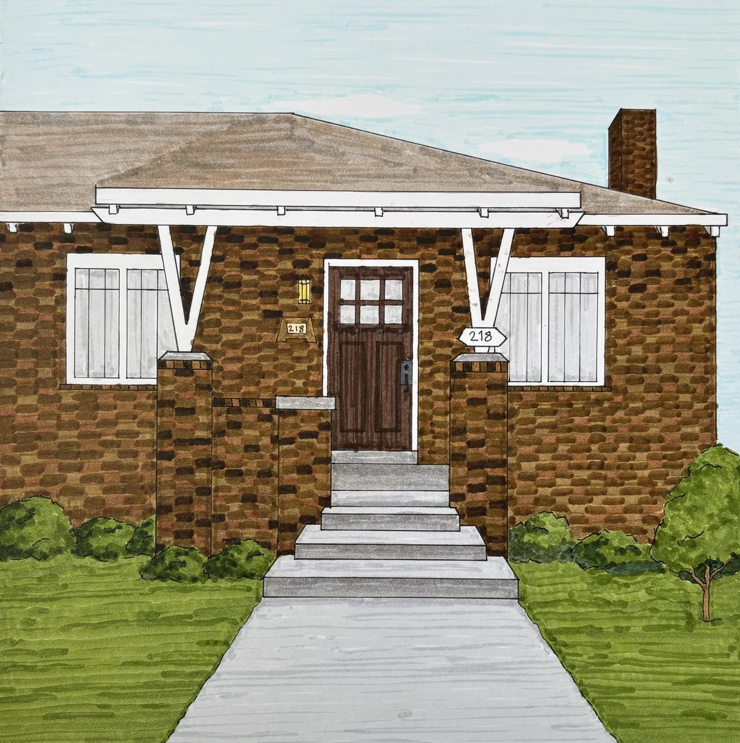 Illustration of a house with a brick facade.