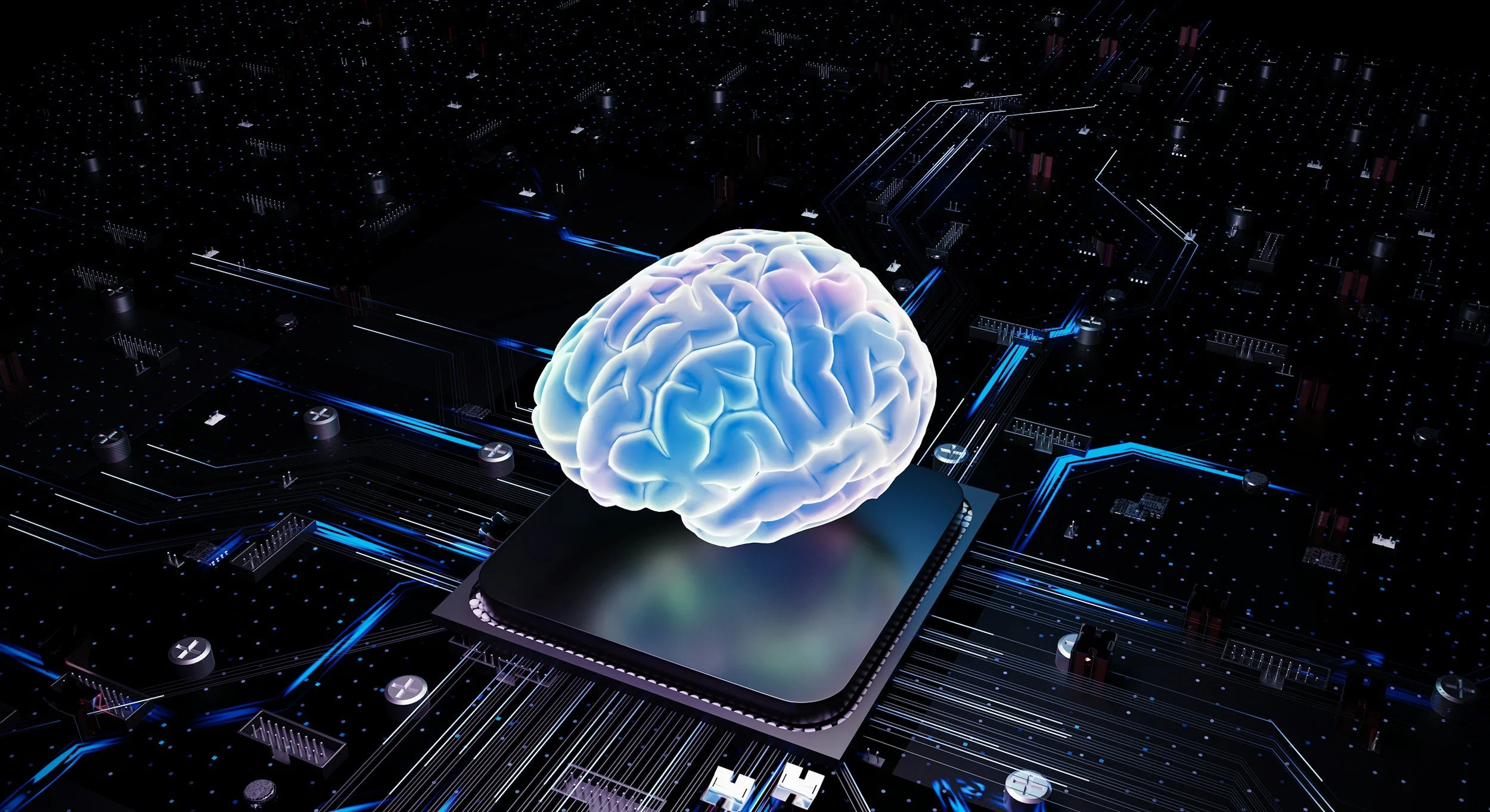 A digital illustration of a glowing human brain placed on a microchip, surrounded by circuit board elements with blue lighting accents.