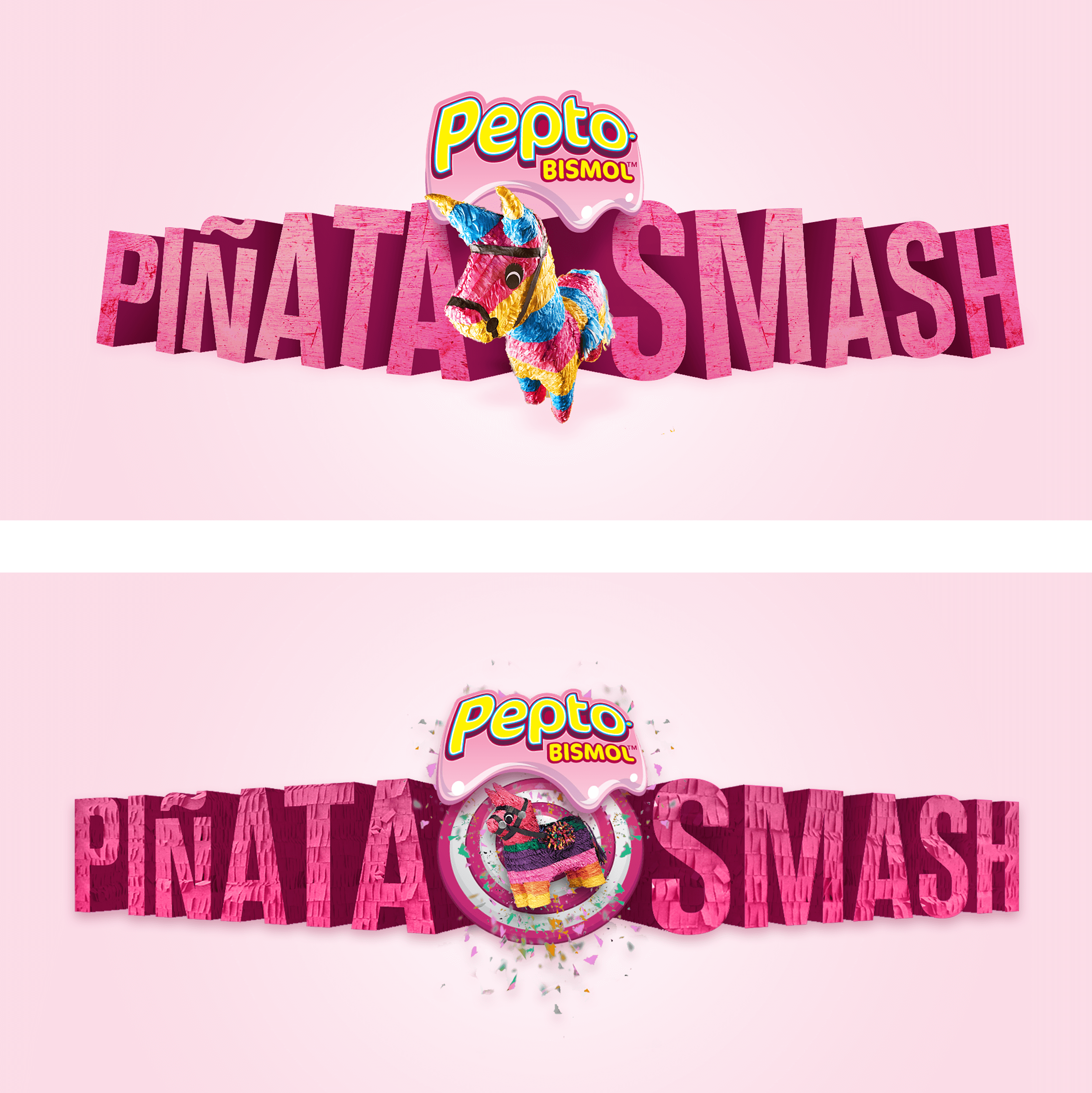 Logos for Pepto-Bismol "Pinata Smash" YouTube Choose-Your-Adventure Web App, P&G. (Technically these are concepts, but the chosen logo was VERY close to the top one)