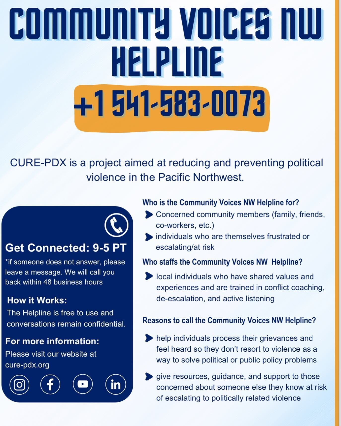 If you or someone you love is experiencing escalation or polarization around political issues and want an outlet or support, call our confidential hotline at 1-541-583-0073