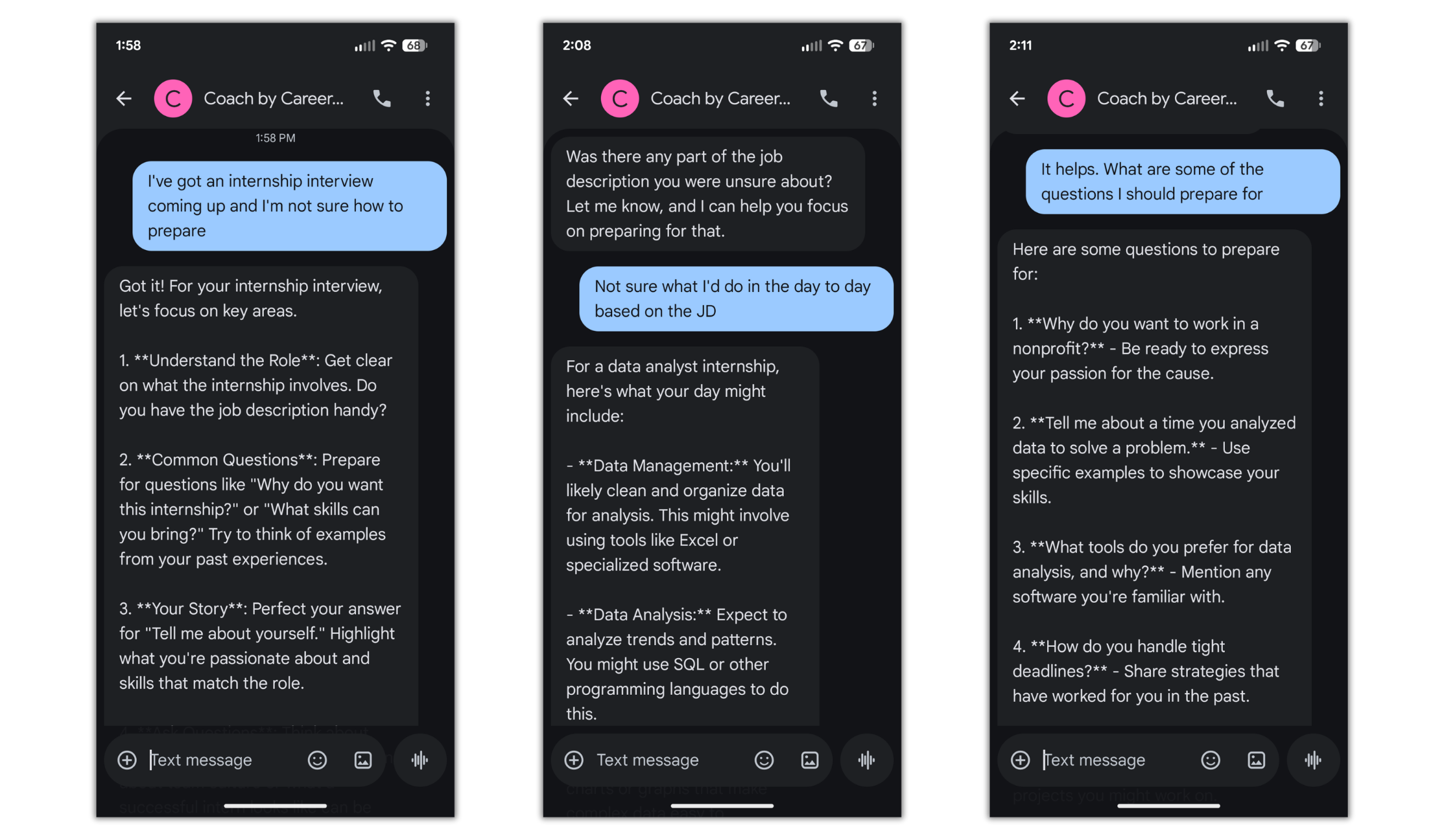 screenshots of Coach on SMS