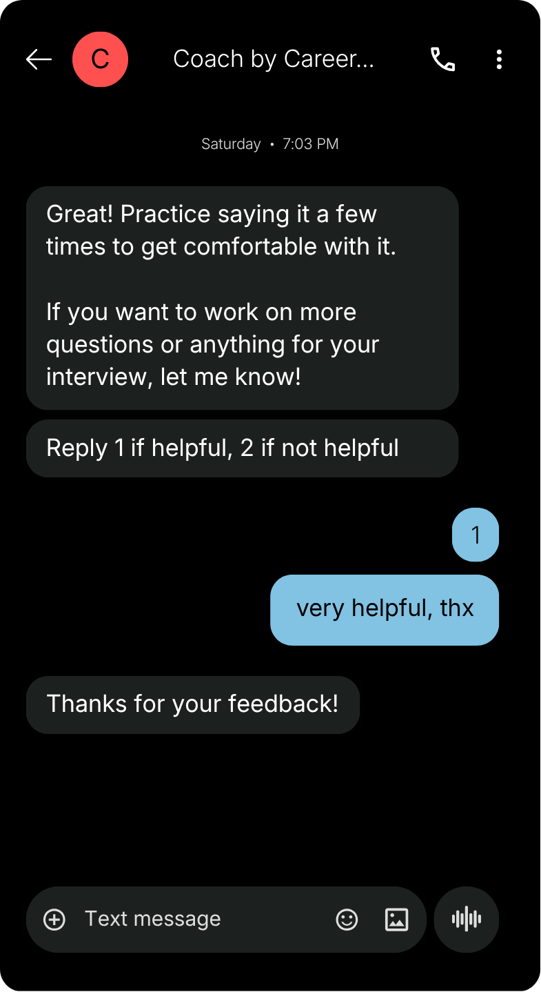 Mockup: Coach asking for feedback after exchange over text