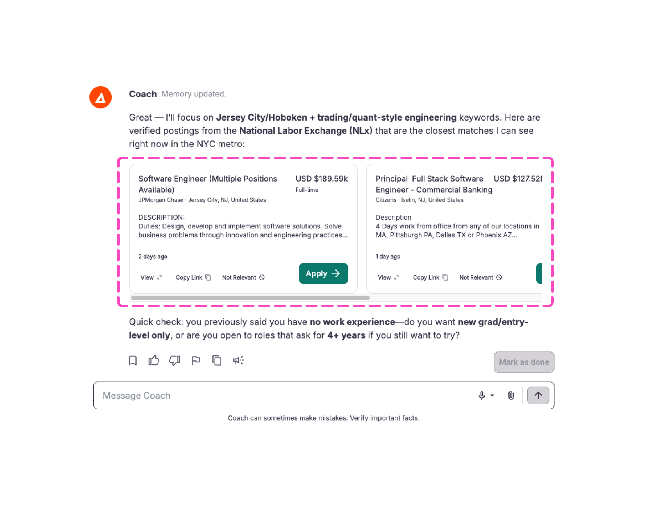 example of text schema formatting for job listings within the chat experience