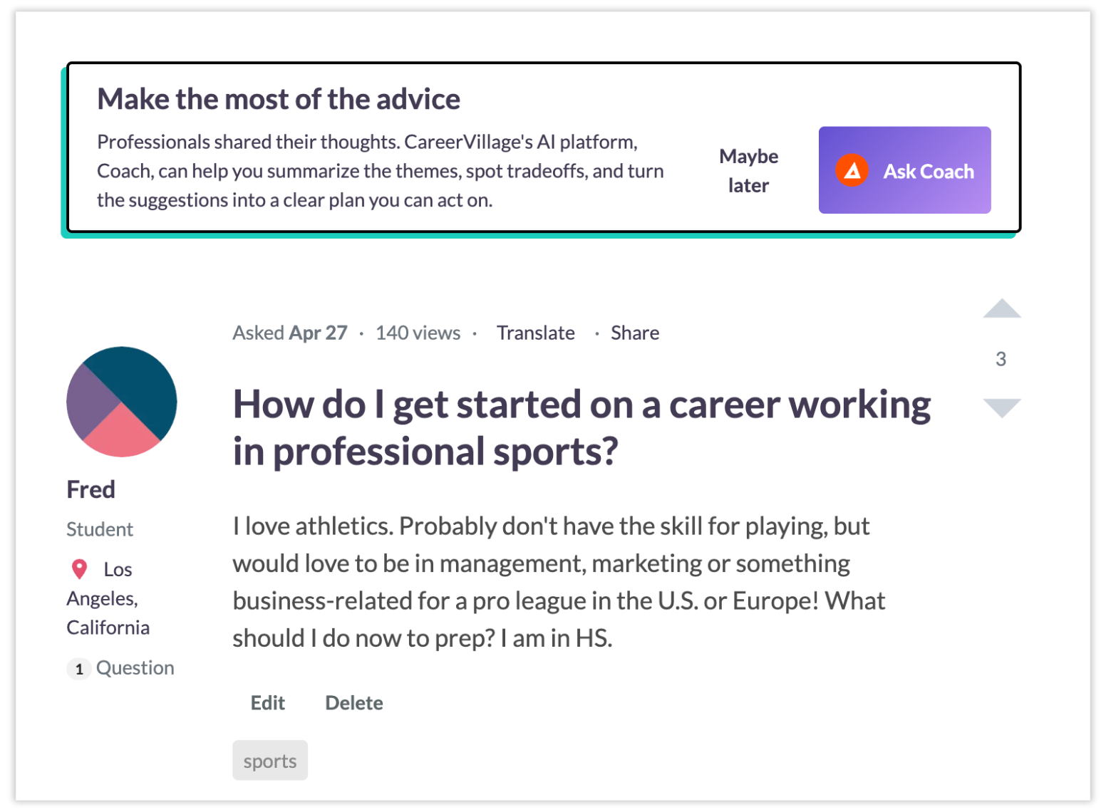 Screenshot: Coach complimentary support on CareerVillage.org, while learners wait for Pro responses