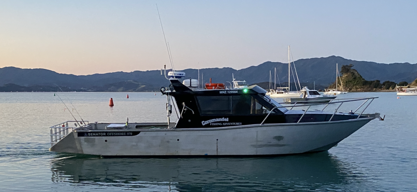 Coromandel Fishing Adventures’ Senator Offshore 970 anchored in the harbour, ready for a day on the water.